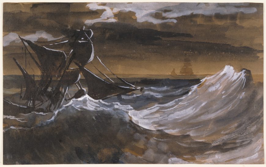 "Géricault made this drawing around 1818, when he was working out the composition of his masterpiece, The Raft of the Medusa, by carefully studying and sketching ships and water conditions." Théodore Géricault, Sailboat on a Raging Sea, c. 1818–19, brush and brown wash, blue watercolor, opaque watercolor, over black chalk on brown laid paper, 15.2 × 24.7 cm (The J. Paul Getty Museum).