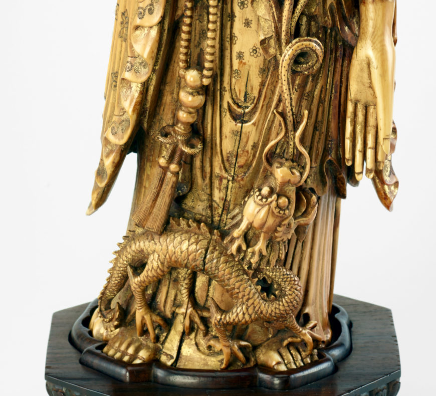 Possibly Bodhisattva Avalokiteshvara (Guanyin) in the guise of a Buddha, late Ming or early Qing dynasty, 17th-18th century, ivory (fossil mammoth ivory) with traces of gilding, ink, and lacquer, China, 45.7 x 13 cm (Freer Gallery of Art, Smithsonian Institution, Washington, DC: Purchase — Charles Lang Freer Endowment, F1957.25a-b)