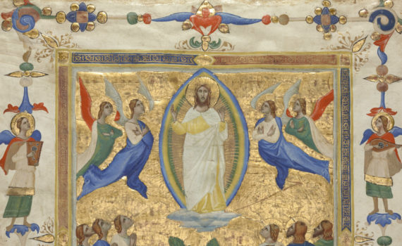 The Ascension of Christ (detail) from the Laudario of Sant’Agnese, attributed to Pacino di Bonaguida, about 1340, tempera colors, gold leaf, and ink on parchment. Los Angeles, Getty Museum, Ms. 80a (2005.26), verso https://www.getty.edu/art/collection/objects/225262/pacino-di-bonaguida-leaf-from-the-laudario-of-sant'agnese-italian-about-1340/ 
