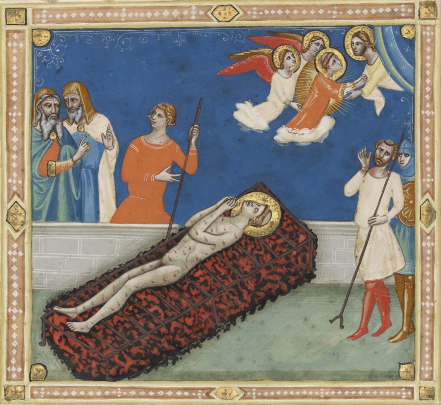 The Martyrdom of Saint Lawrence from the Laudario of Sant’Agnese, attributed to Pacino di Bonaguida, about 1340, tempera colors, gold leaf, and ink on parchment, Ms. 80a (2005.26), verso (Getty Museum) 