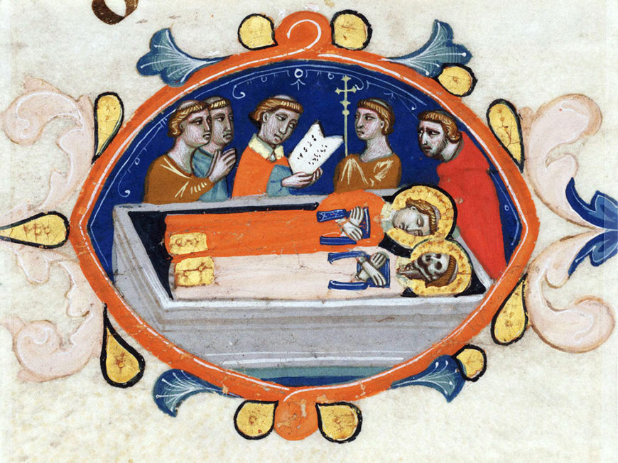 Saint Lawrence Buried with the Relics of Saint Stephen from the Laudario of Sant’Agnese, attributed to Pacino di Bonaguida, about 1340, tempera colors, gold leaf, and ink on parchment (The Free Library of Philadelphia, Lewis E M 25:7A)