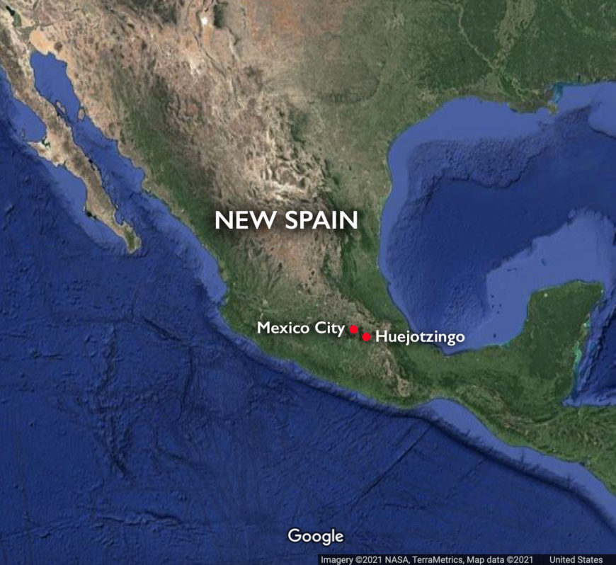 The locations of Huejotzingo and Mexico City in New Spain (underlying map © Google)