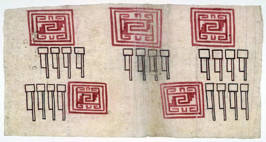Sheet 5 with possible textile designs, pigments on amatl paper, made by Huexotzinca artists, before 1521; then combined with written pages to form the Huexotzinco Codex, 1531 (Library of Congress)