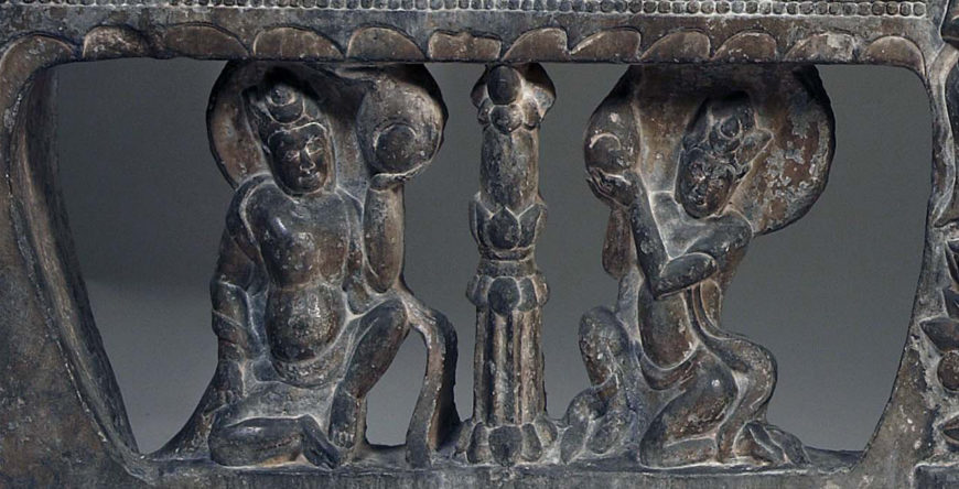 Frontal from the base of a funerary couch with Sogdian musicians and dancers and Buddhist divinities, Northern Qi dynasty, Period of Division, Northern Qi dynasty, 550–577, Grey marble with traces of pigment, China, Henan province, probably Ce xian, 60.3 high x 234 x 23.5 cm (Freer Gallery of Art, Smithsonian Institution, Washington, DC: Gift of Charles Lang Freer, F1915.110)