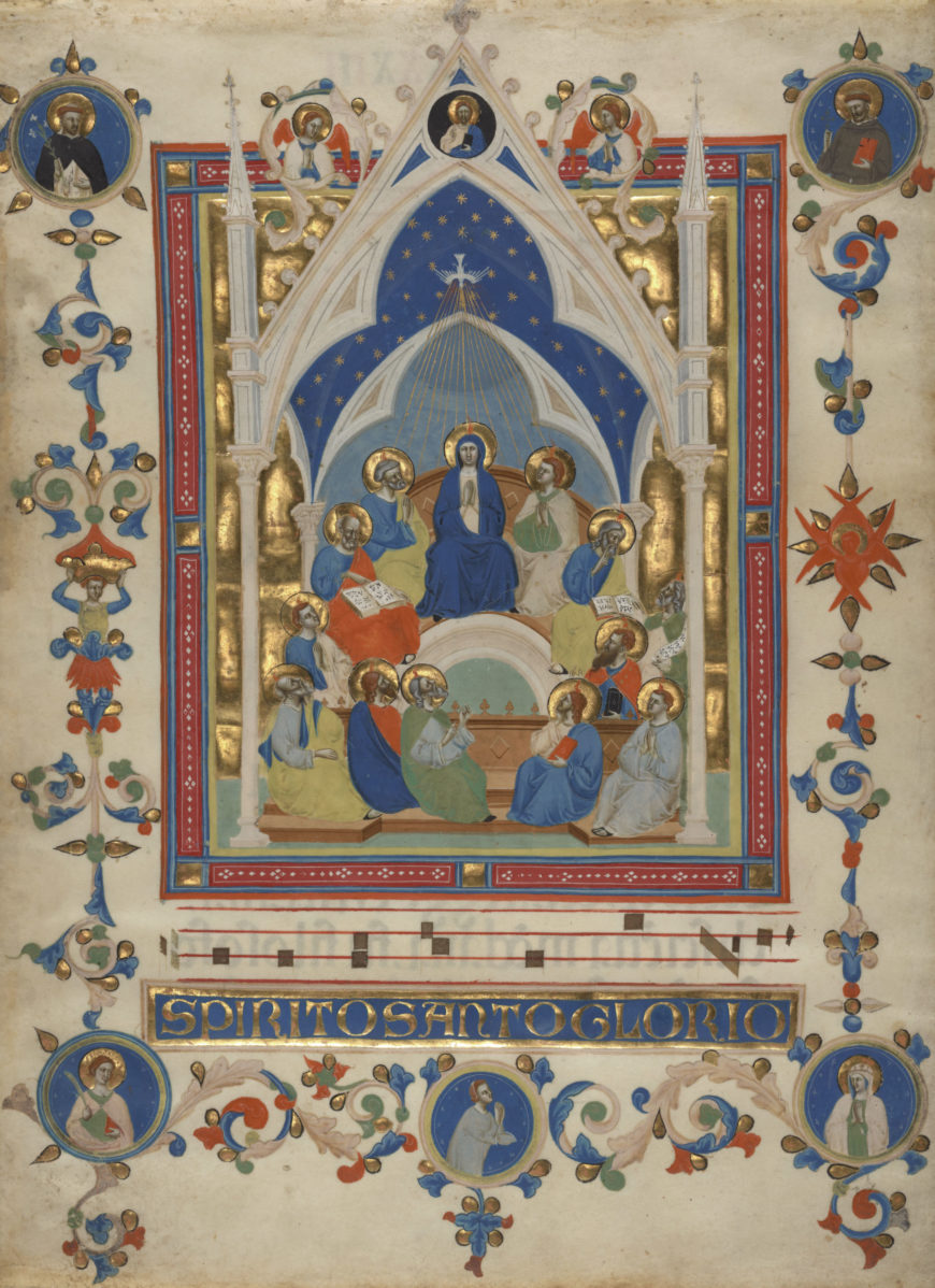 Pentecost from the Laudario of Sant’Agnese, Master of the Dominican Effigies, about 1340, tempera colors, gold leaf, and ink on parchment, Ms. 80a (2005.26), verso (Getty Museum) 
