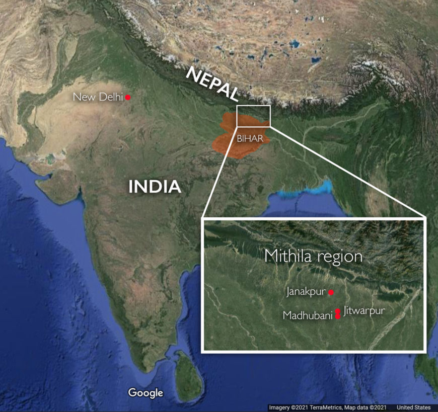 Map of India with the Mithila region indicated (underlying map © Google)--will be making adjustments once hear from authors