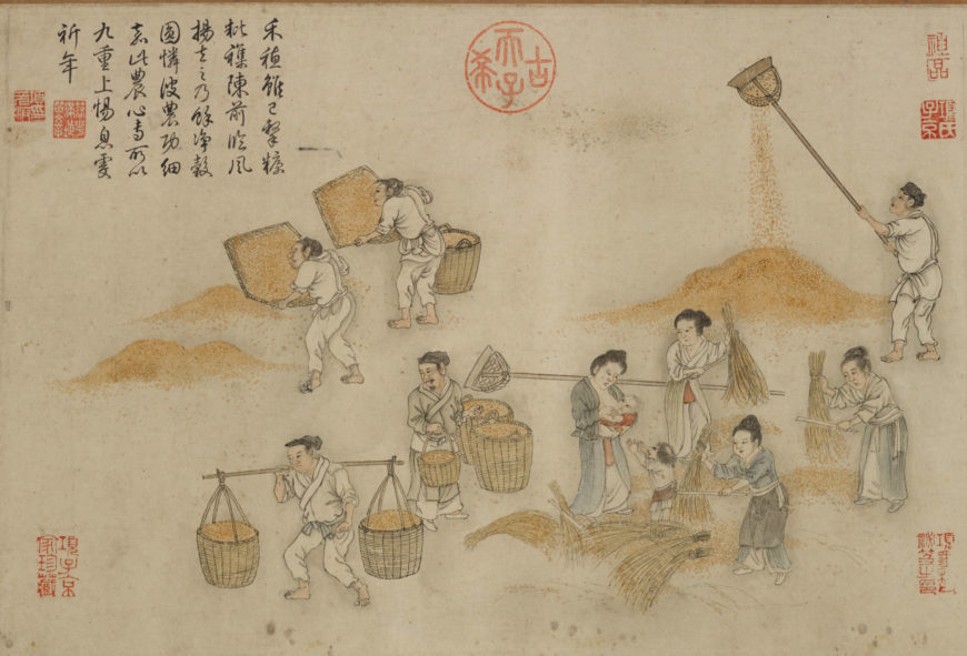 Attributed to Cheng Qi (傳)程棨 (active mid- to late 13th century) Formerly attributed to Liu Songnian (傳)劉松年 (ca. 1150-after 1225), Tilling Rice, after Lou Shou, Yuan dynasty, mid- to late 13th century, Ink and color on paper, China, 32.7 x 1049.8 cm (Freer Gallery of Art, Smithsonian Institution, Washington, DC: Purchase — Charles Lang Freer Endowment, F1954.21)