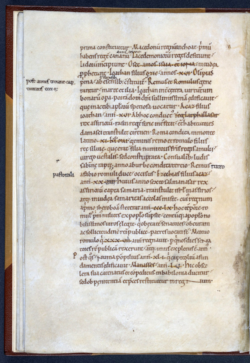 Text page with marginal notes from Ado de Vienne’s Chronicon (Chronicle of the Six Ages of the World)(British Library, Royal MS 13 A XXIII, f. 16v)
