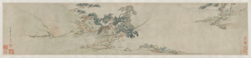 Copy after Qiu Ying 仇英 (c. 1494-1552), Playing the zither beneath a pine tree, Ming dynasty, late 16th-early 17th century, ink and color on paper, China, 22.2 x 105.3 cm (Freer Gallery of Art, Smithsonian Institution, Washington, DC: Purchase — Charles Lang Freer Endowment, F1953.84)