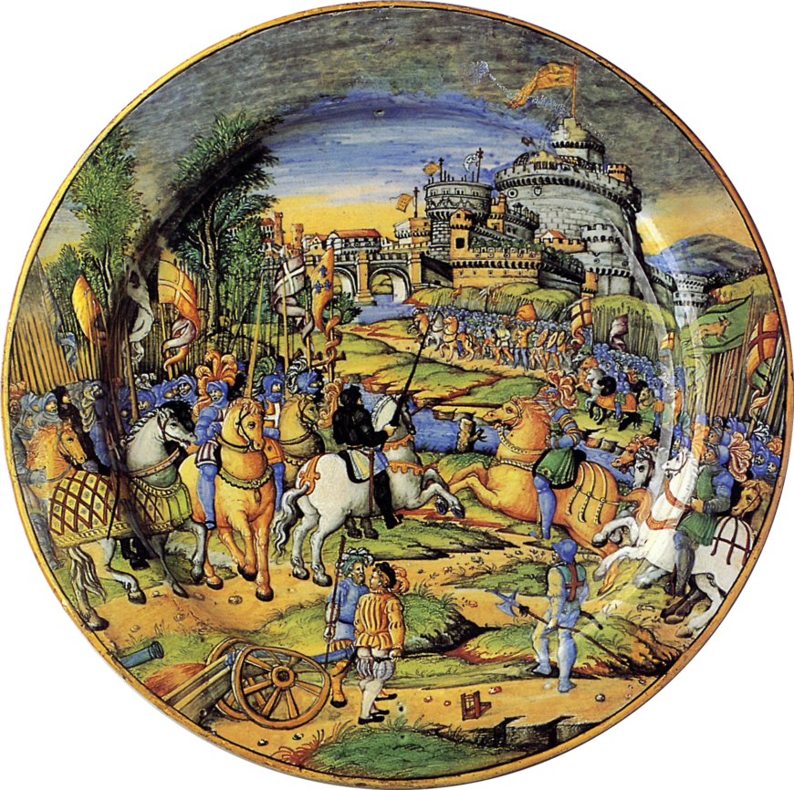 Maiolica plate, An Episode from the Sack of Rome, 1527: The Assault on the Borgo (the district where the Vatican was located), Workshop of Guido Durantino, also known as Guido Fontana, ca. 1540. The plate depicts the Duke of Bourbon leading the imperial forces to the walls of Rome. Castel Sant’Angelo and Ponte Sant’Angelo can be seen in the background.