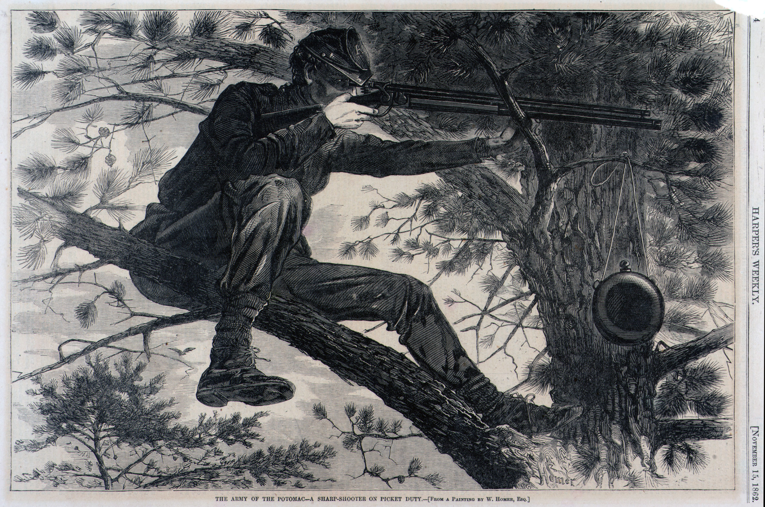 Winslow Homer, “The Army of the Potomac—A Sharpshooter on Picket Duty,” Harper's Weekly, November 15, 1862, wood engraving (Smithsonian American Art Museum)