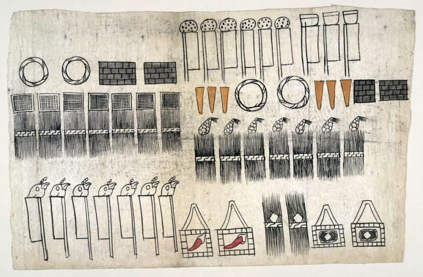 The first sheet in the Codex included construction materials for a project in Mexico City that involved building monasteries, houses, and an irrigation ditch. Pigments on amatl paper, made by Huexotzinca artists, before 1521; then combined with written pages to form the Huexotzinco Codex, 1531 (Library of Congress)