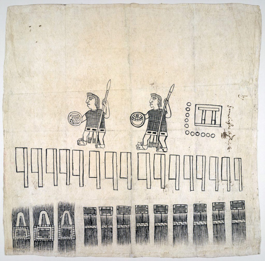 Sheet 8 of tribute, pigments on amatl paper, made by Huexotzinca artists, before 1521; then combined with written pages to form the Huexotzinco Codex, 1531 (Library of Congress)