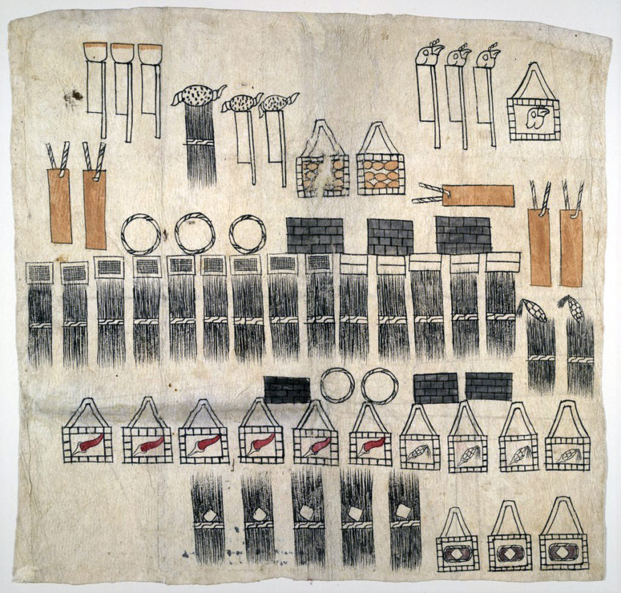 Sheet 2 of tribute, pigments on amatl paper, made by Huexotzinca artists, before 1521; then combined with written pages to form the Huexotzinco Codex, 1531 (Library of Congress)