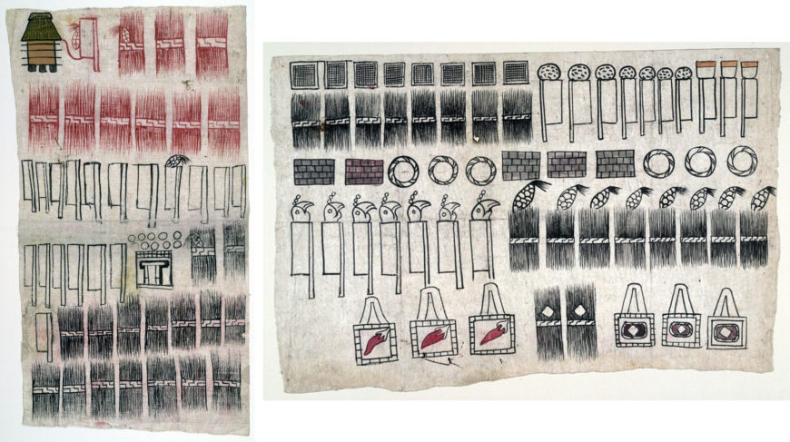 Sheet 3 and Sheet 6 tribute, pigments on amatl paper, made by Huexotzinca artists, before 1521; then combined with written pages to form the Huexotzinco Codex, 1531 (Library of Congress)
