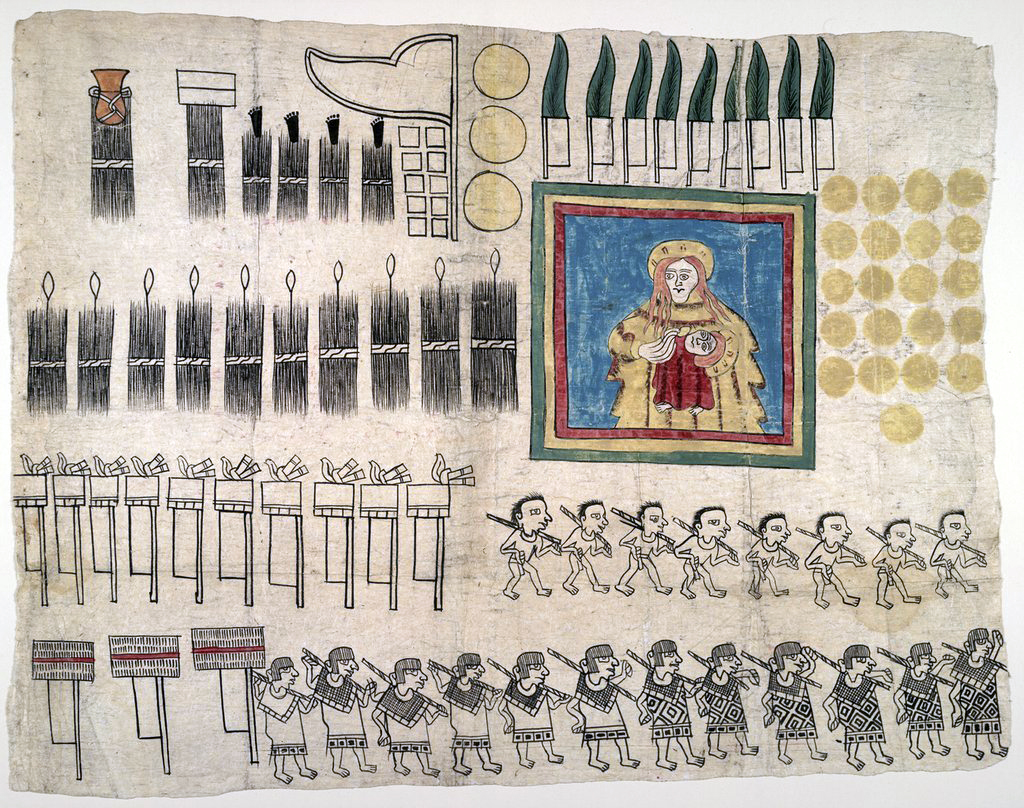 Sheet 7 of tribute, with a featherwork of the Madonna and Child, pigments on amatl paper, made by Huexotzinca artists, before 1521; then combined with written pages to form the Huexotzinco Codex, 1531 (Library of Congress)