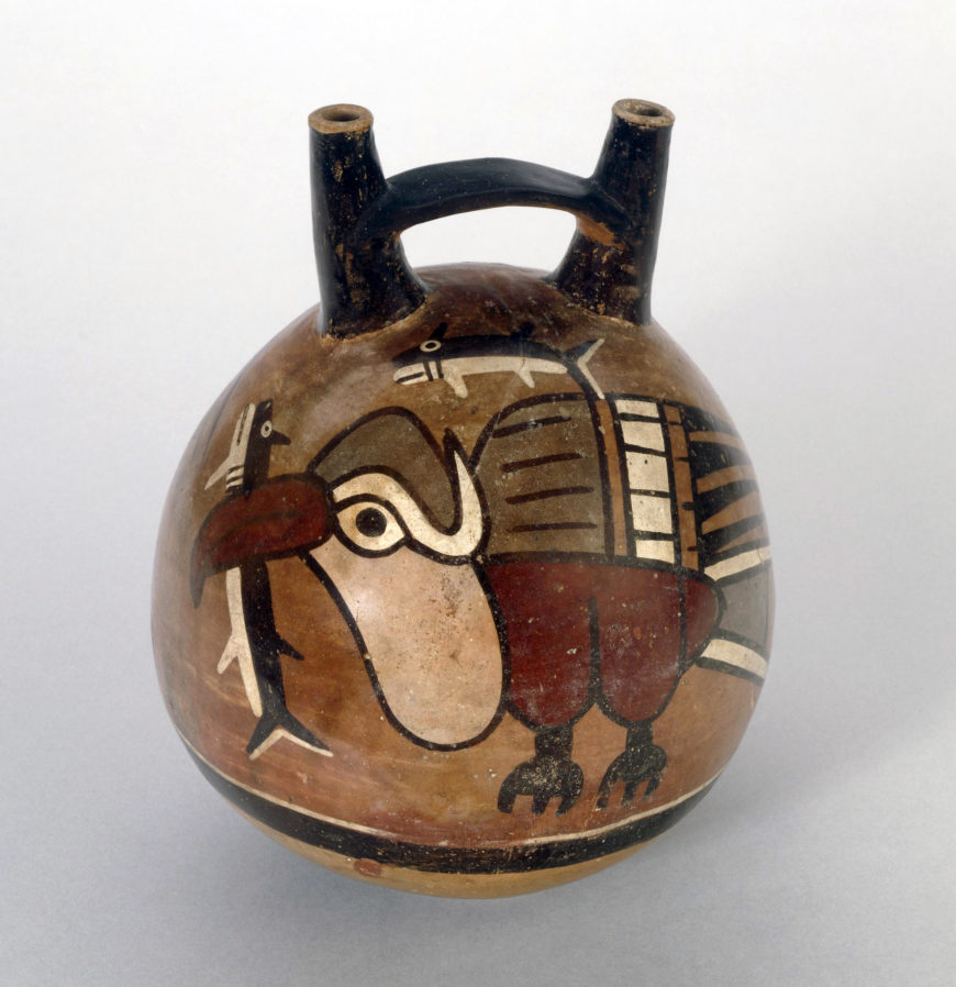 Double spout and bridge vessel with pelican and fish, 100 B.C.E.–600 C.E., Nasca, painted pottery, 14 cm in diameter (© Trustees of the British Museum)