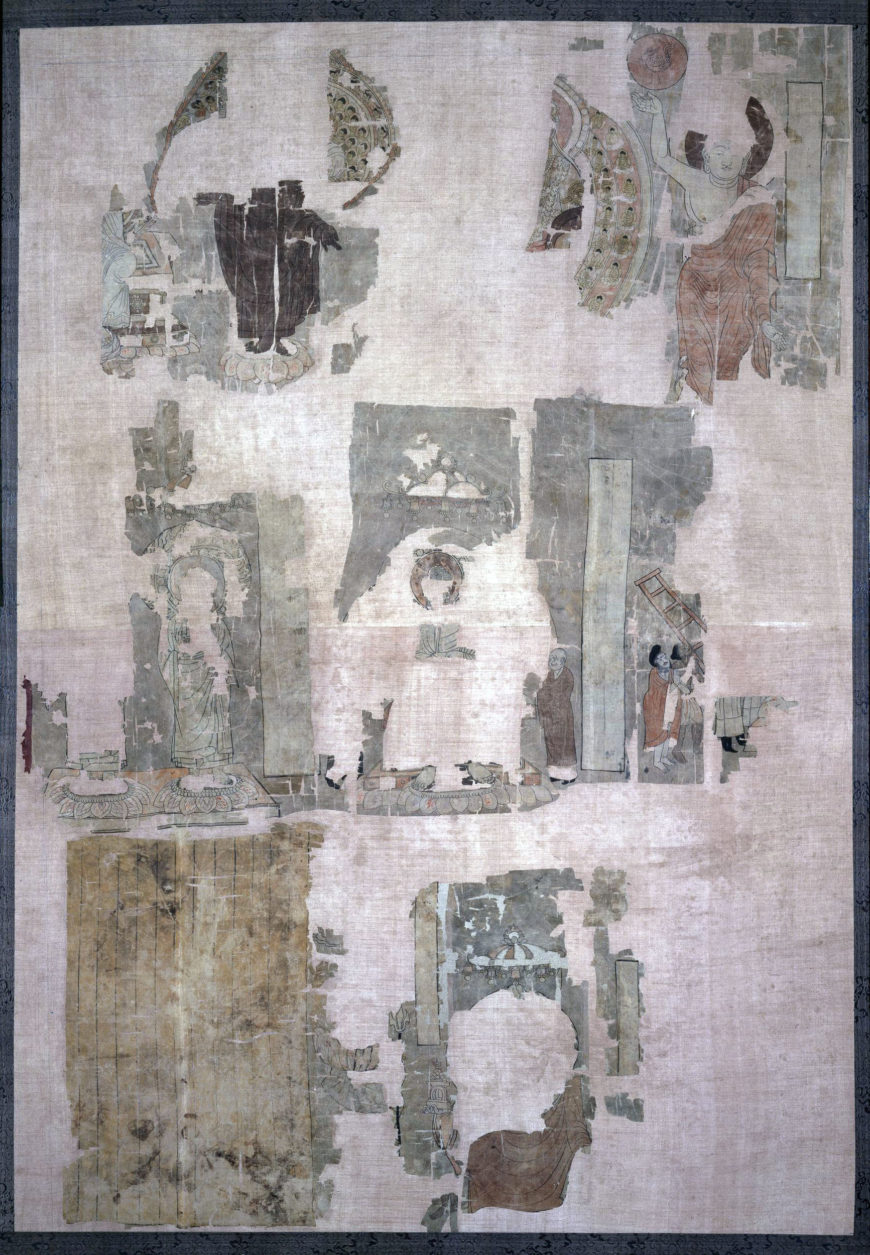 fragments of the Dunhuang silk painting of auspicious image (Stein no.: Ch.xxii.0023). a) the remounted fragments in the National Museum of India, New Delhi (Image source: Lokesh Chandra et al, Buddhist Paintings, p. 63, fig. 11); b) the remounted fragments in the British Museum (Image source: British Museum. https://www.britishmuseum.org/collection/object/A_1919-0101-0-51-1).