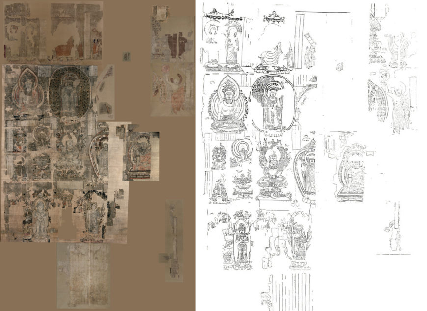 Reconstruction of the overall composition of the Dunhuang silk painting of auspicious image by Roderick Whitfield and the British Museum. a) painting (Image source: British Museum. https://www.britishmuseum.org/collection/object/A_1919-0101-0-51-1); b) line-drawing by Roderick Whitfield (Image source: Roderick Whitfield, “Ruixiang at Dunhuang”, 1995, p. 152, fig. 2).