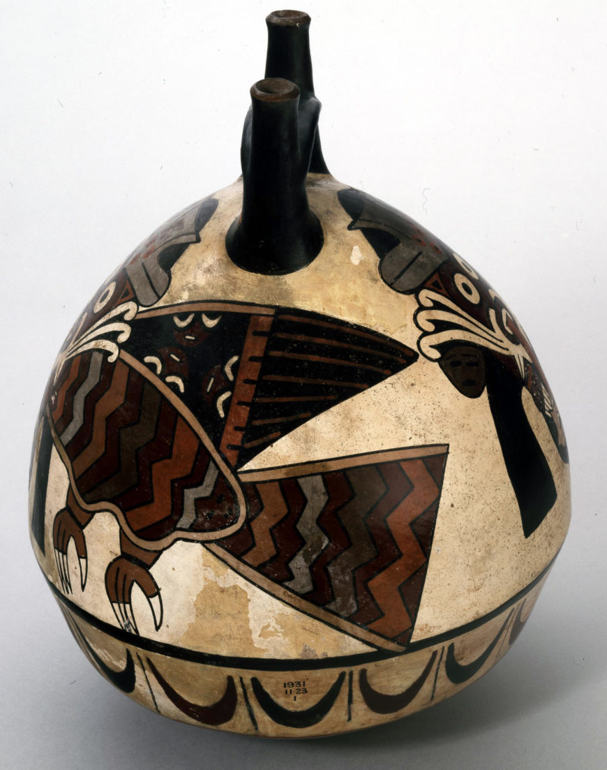 Double spout and bridge pottery vessel with a bird deity, 100 B.C.E.–600 C.E., Nasca, painted pottery, 23.5 cm in diameter (© Trustees of the British Museum)