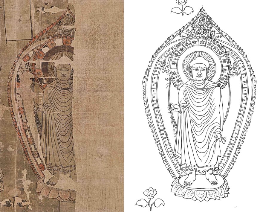 A standing buddha image, third row, sixth from the left. a) painting (Image source: Lokesh Chandra et al, Buddhist Paintings, p. 75, fig. 11.9); b) line-drawing and theoretical restoration by author.