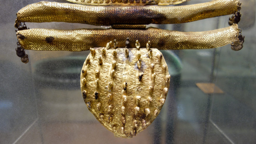 Detail, Large parade Fibula, Cerveteri, Regolini-Galassi Tomb, from the main tomb in the lower chamber, 675-650 B.C., gold: embossed, punched, cut and granulated, (Museo Gregoriano Etrusco, Musei Vaticani)