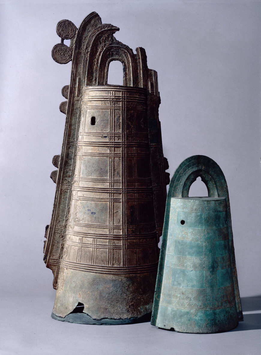 Two dōtaku (ritual bells), 200 B.C.E.–200 C.E., Yayoi Period, bronze, Japan, 59.7 cm high ( © Trustees of the British Museum)