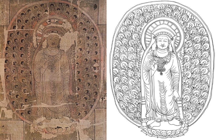 A standing buddha image, second row, second from the left. a) painting (Image source: Lokesh Chandra et al, Buddhist Paintings, p. 67, fig. 11.2); b) line-drawing and theoretical restoration by author.