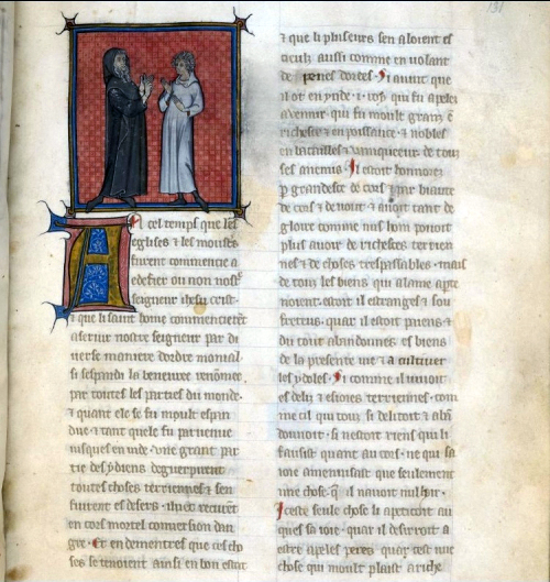 Devotional Miscellany in Old French including the legend of Barlaam and Josaphat on 69 pages, France, first half of the 14th century. The illustration depicts Barlaam in black and Josaphat in white dress. British Library, Egerton MS 745 f. 131 