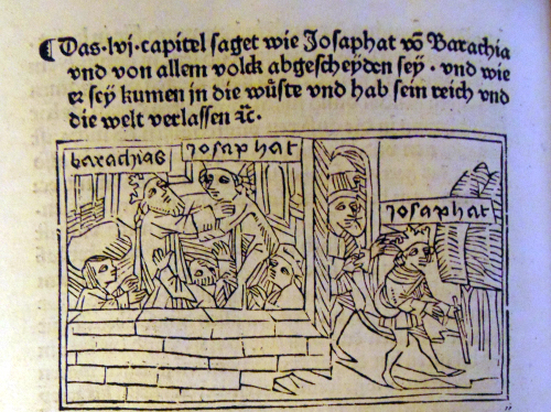 llustration of Josaphat’s (or the Bodhisattva’s) renunciation of the world in a German printed version from Augsburg, c. 1470 CE. He takes his leave from Barachias (left), whom he made king, and then embarks on the path of an ascetic (right). British Library, IB.5919