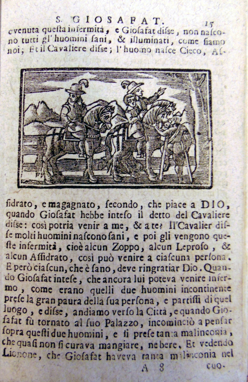 Illustrated Italian version of Barlaam and Josaphat printed in Venice around 1650 CE. The illustration depicts one of the four signs: Josaphat’s encounter with a sick man (a leper). British Library, 4827.a.31 p.15