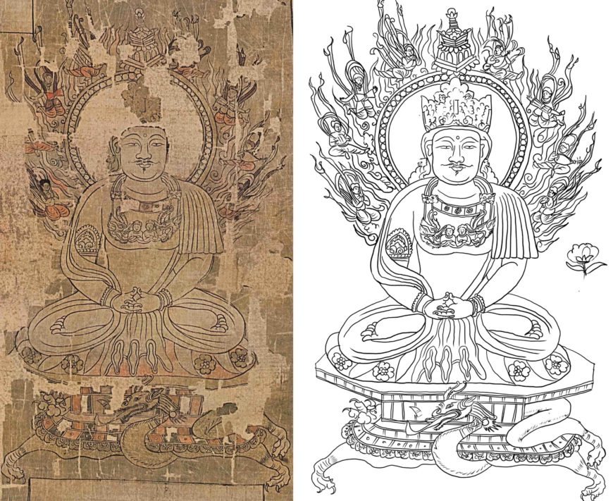 A seated buddha image, third row, fifth from the left. a) painting (Image source: Lokesh Chandra et al, Buddhist Paintings, p. 74, fig. 11.8); b) line-drawing and theoretical restoration by author.