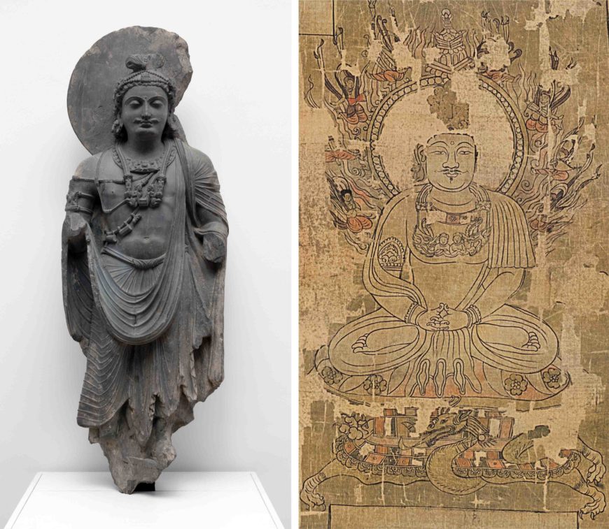 Standing Bodhisattva with Human-Figure Necklace, Kushan period, 2nd/3rd century, ancient region of Gandhara, phyllite, 150.5 × 53.3 × 19 cm. Art Institute of Chicago. https://www.artic.edu/artworks/151086/standing-bodhisattva-with-human-figure-necklace. a) photo of the work in full length; b) a detail of the necklace.