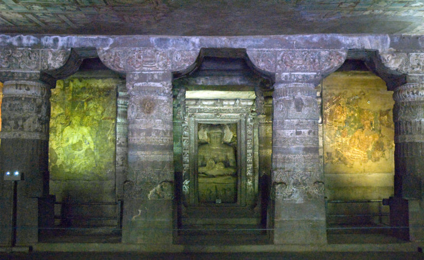 View to the rear of Cave 1 with the Bodhisattva Padmapani to the left of the Buddha Shrine, Caves at Ajanta, India, c. 200 B.C.E.–650 C.E. (photo: Christian Luczanits, CC BY-SA 3.0)