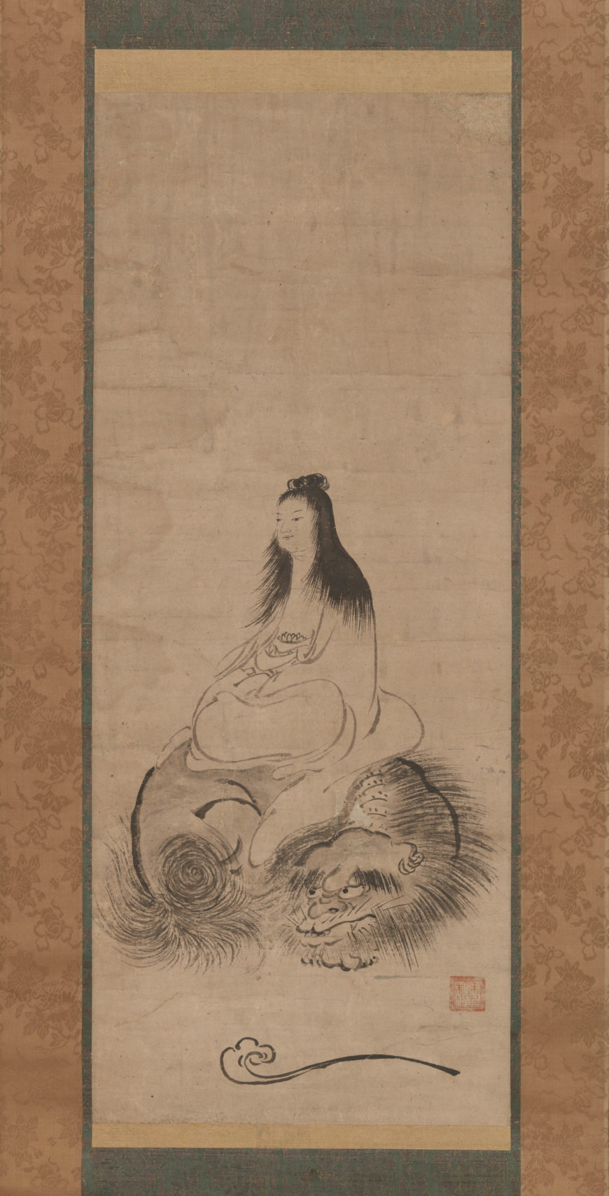 Shūsei, Monju (Manjusri) on a Lion, hanging scroll, late 15th century, Muromachi period, ink on paper, Japan, 81.5 × 33 cm (The Metropolitan Museum of Art) 