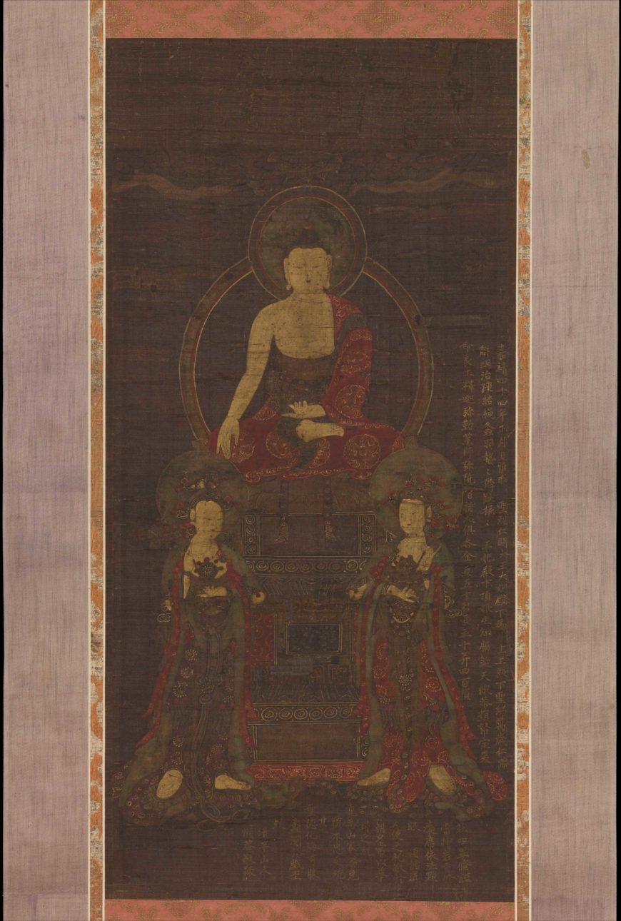 Shakyamuni Triad, hanging scroll, 1565, Joseon Dynasty, color and gold on silk, Korea, 60.5 x 32 cm (The Metropolitan Museum of Art)