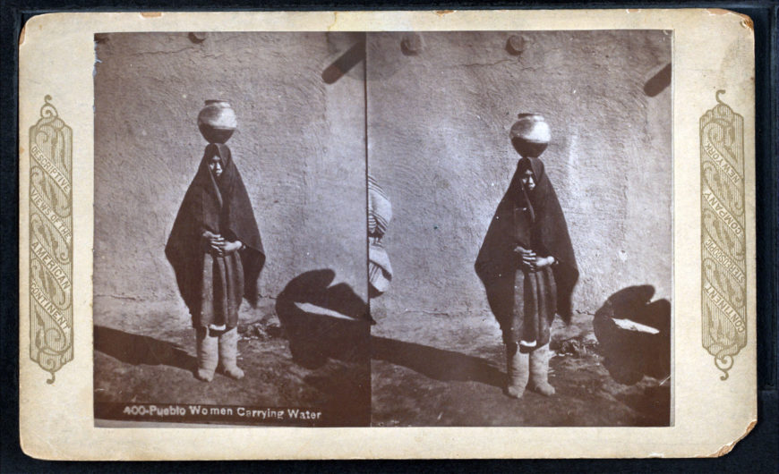 Two photographs showing the “olla maiden trope.” Pueblo Women Carrying Water, c. 1870–98, from Stereoscopic views of the Indians of New Mexico, albumen photoprint (The New York Public Library)