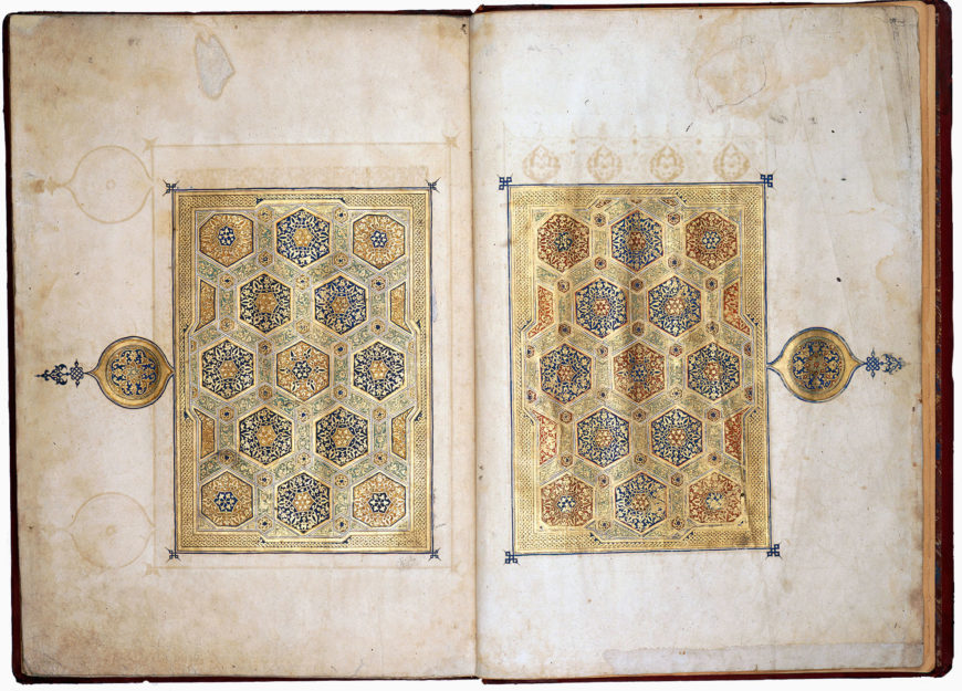 The carpet pages of the Uljaytu Qur'an, remarkable for their Mongol style of illumination and exquisite colouring. 'Ali ibn Muhammad al-Husayni [calligrapher], Part ( juz’ ) 25 of the Qur’ān commissioned by the Ilkhanid ruler Sultan Uljaytu. Written in a fine large gold muḥaqqaq script, outlined in black, with illuminated frontispiece. Mosul, 710 AH (1310/11) (British Library)