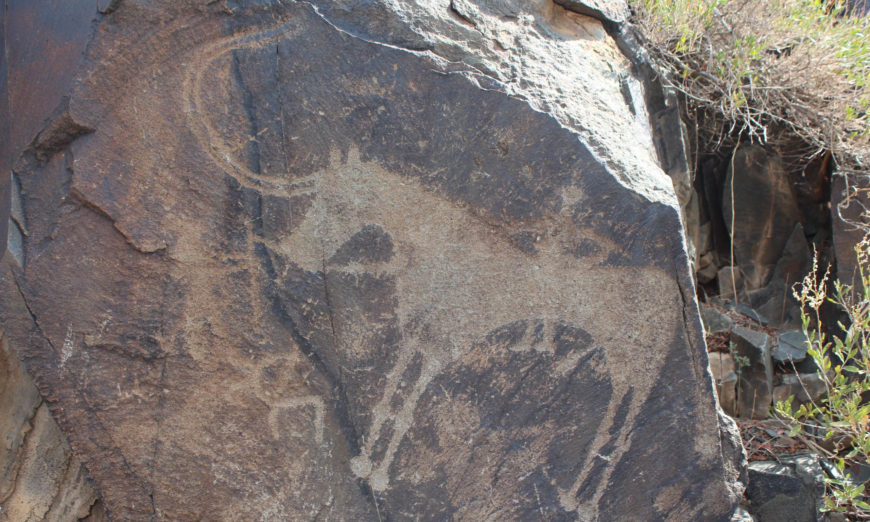 Petroglyph from Tamgaly Gorge, dating from the second half of the second millennium B.C.E. to the beginning of the 20th century, Kazakhstan