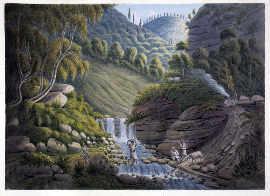 This view, from Captain James Herbert's geological survey of Almora in the Himalayan region of Garhwal, shows a waterfall near the road to Syne in the north of India. James Manson, View on the Road to the Village of Syne, c. 1826, watercolor (© British Library)