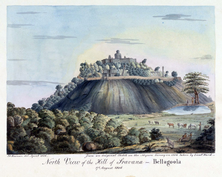 A copy of a sketch by Lieutenant Benjamin Swain Ward, this view shows Shravanabelagola, the famous Jain pilgrimage site, with the 17-metre free-standing Gommateshwara Statue on top of the hill. John Newman and Benjamin Swain Ward, North view of the hill of Sravana-Bellagoola, 1810, watercolor (© British Library)