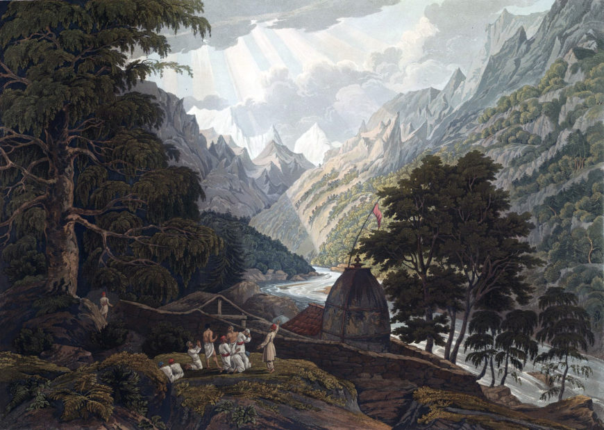 Plate XI from James Baillie Fraser's Views in the Himala Mountains (1820) shows the Hindu pilgrimage site of Gangotri (the holy shrine of Mahadeo), the source of the River Ganges. Robert*Havell and James Baillie Fraser, 1820, aquatint (© British Library)