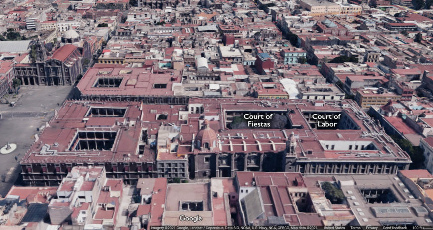 An aerial view of the Secretaría de Educación Pública, Mexico City (underlying map © Google)
