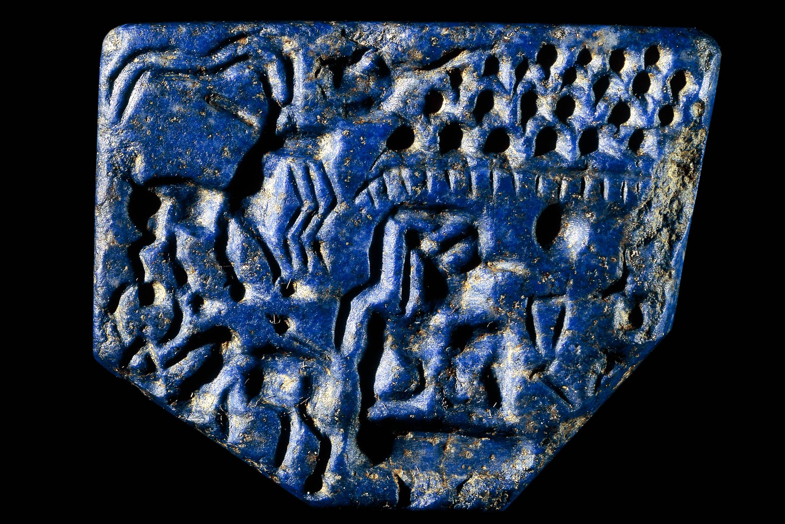 Ancient near eastern lapis lazuli seal intaglio hunter lion & writing stamp