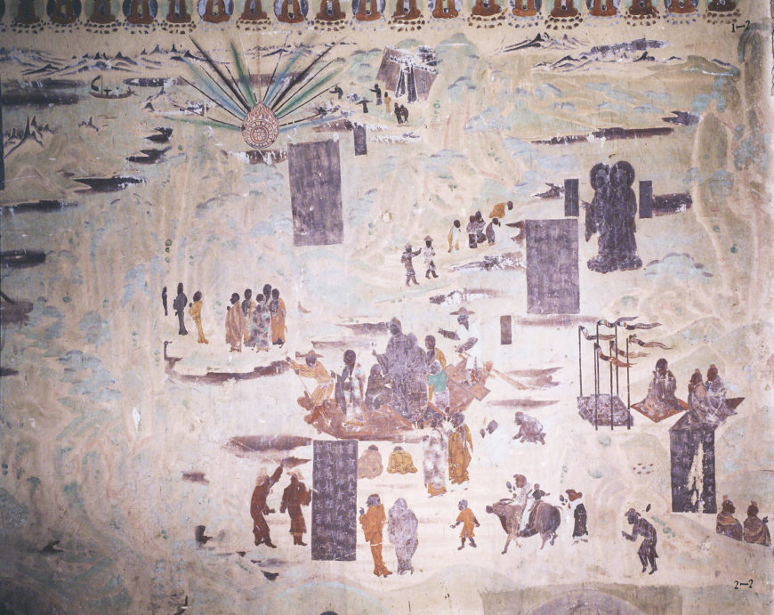 Two Stone Buddhas Floating on the River on the south wall of Mogao Cave 323. Tang Dynasty. Image courtesy of the Dunhuang Academy.