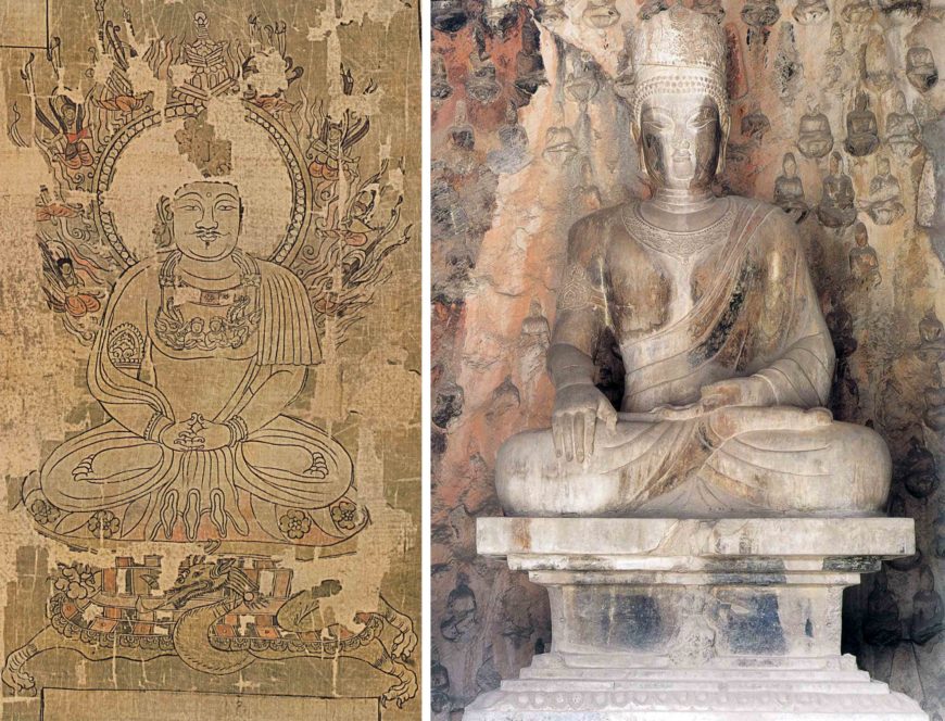 Left: A seated buddha image, third row, fifth from the left; right: Bejeweled Buddha in earth-touching gesture, Leigutai South Cave, Longmen, Tang Dynasty, c. 690–704, stone, 212 cm (image in the public domain)