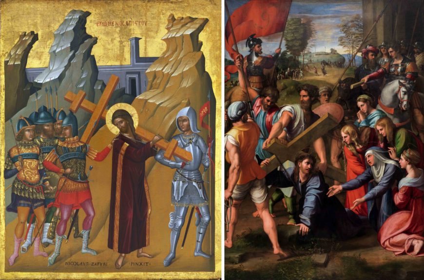 Left: Nicolaos Tzafouris, Christ Bearing the Cross, late 1400s, oil on tempera and gold ground, 69.2 x 54.6 cm (Metropolitan Museum of Art); right: Raphael, Christ Carrying the Cross, ca. 1514-17, Museo del Prado, Madrid, oil on panel transferred to canvas, 125 x 90 in. ( Museo del Prado) 