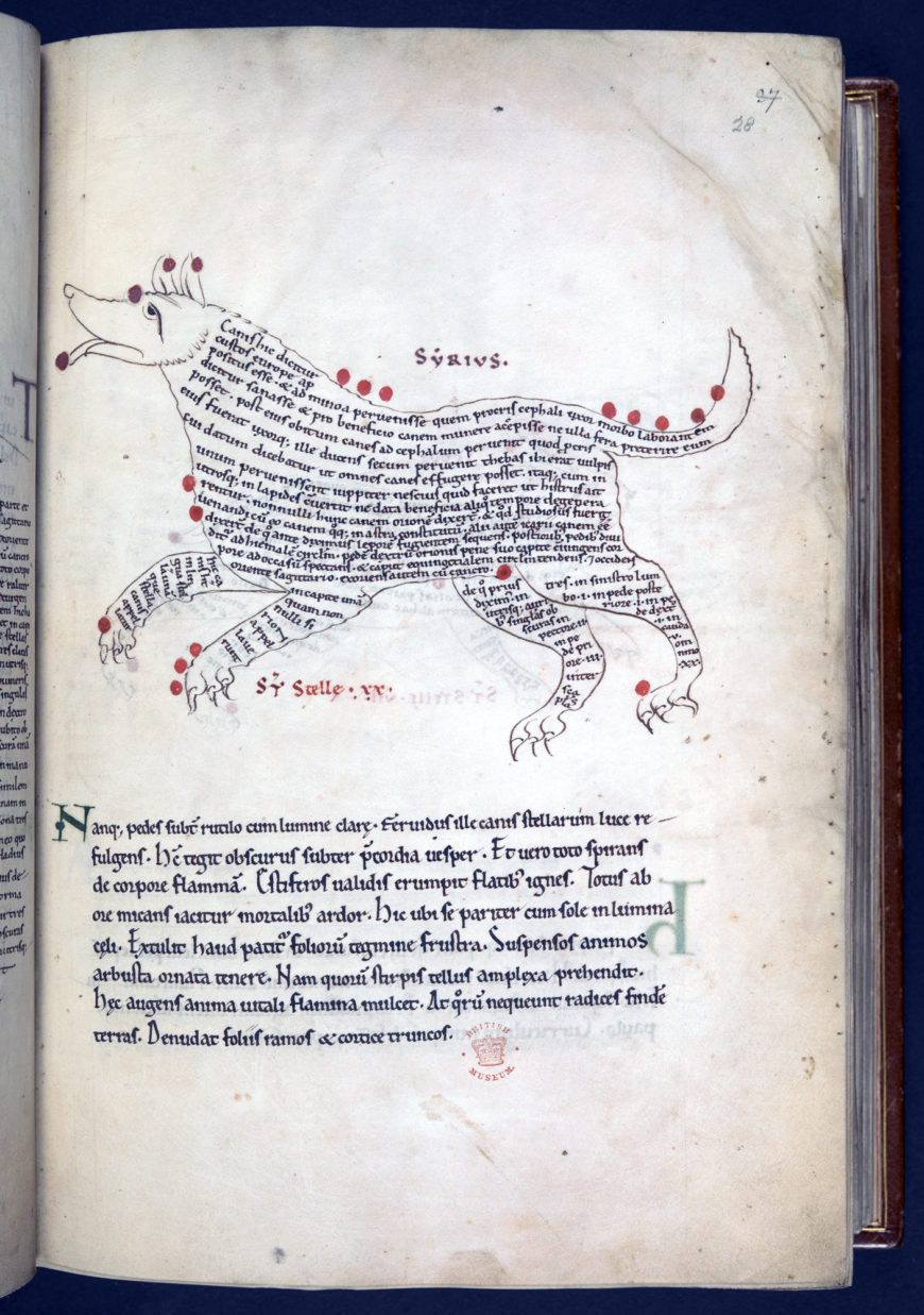 The text-picture illustration of the Canis major (Sirius constellation) in Cicero’s Aratea with scholia, 2nd half of the 11th century–1st quarter of the 12th century (British Library, Cotton MS Tiberius C I, f. 28r)