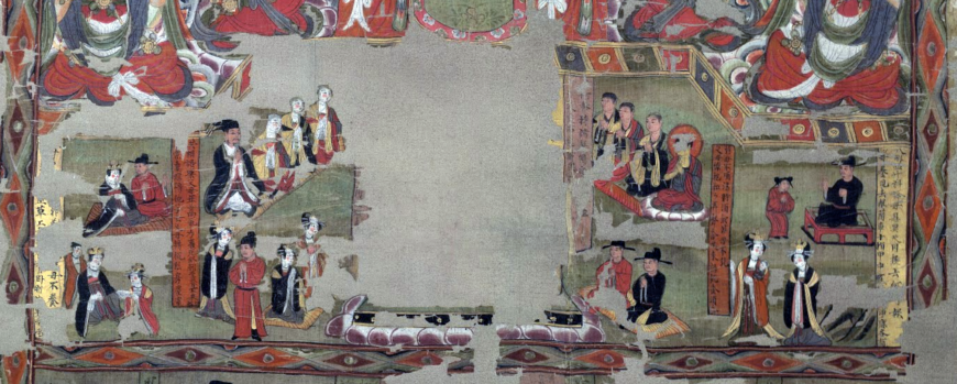 Illustration to the Fumu enzhong jing,951–1000, Northern Song Dynasty, ink and colors on silk, findspot: Qian Fo Dong, Dunhuang, China, 134 x 102 cm (© Trustees of the British Museum)