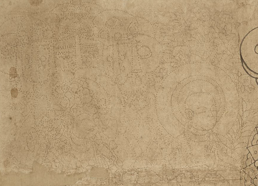 Stencil for a five-figure Buddha group, painting on paper, c. 926–975 C.E. (Five Dynasties or Northern Song Dynasty), paper, Qian Fo Dong, Mogao grottoes, Dunhuang China (© Trustees of the British Museum)